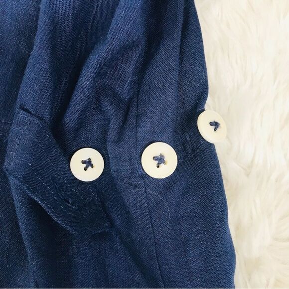 Navy Blue 100% Linen Short Sleeve Button Front Dress Classic Midi Size Large New - Picture 6 of 12